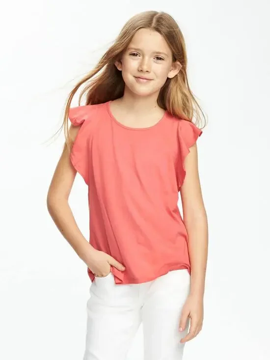Old Navy Coral Orange Short Flutter Sleeve Blouse Youth Size XL 14 Regular