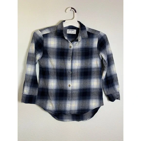Old Navy Boys Blue White Plaid Flannel Button Down Shirt Size Medium 8