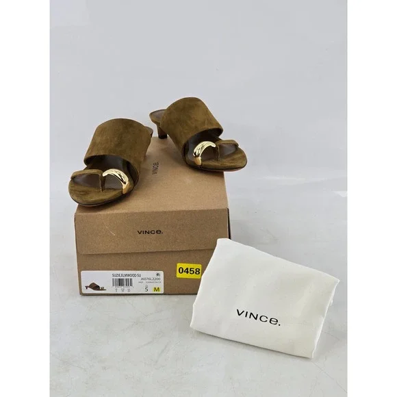 Vince Suzie Kitten Heel Sandals Womens 5 Olive Green Suede Toe Ring - NEW