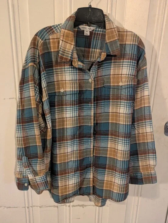 Old Navy Boyfriend Plaid Flannel Shirt XXL Blue Tan Oversized