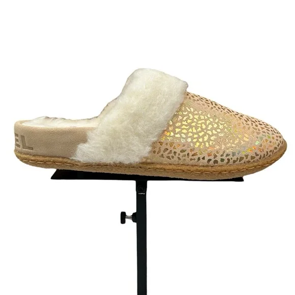 SOREL Nakiska Youth Girls Faux Fur Slippers Size 3 Tan- Gold Animal Print Warm‎
