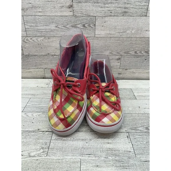 Sperry Top-Sider Pink Yellow Green Plaid Boat‎ Loafer Shoes Size 4.5M Biscayne