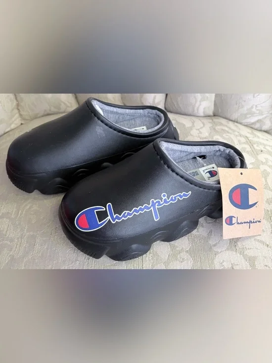 Champion Kids Black Logo Clog Mules with Red & Blue Accent