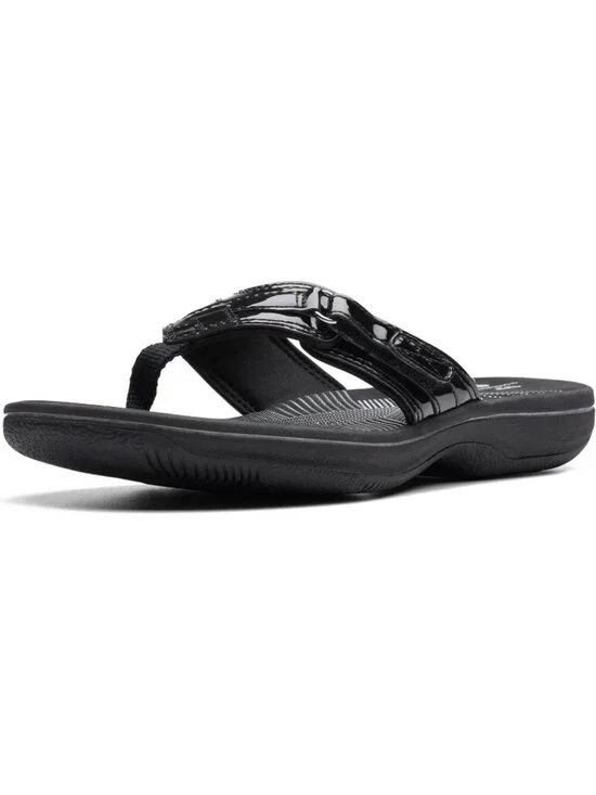 Women Black Patent Thong Solid Open Toe Rubber Breeze Sea Flip-Flop Casual Shoes