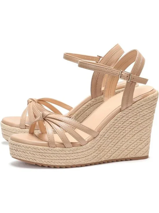 Women's Nude PU Platform Espadrille Wedge Sandals Open Toe Ankle Strap Heels