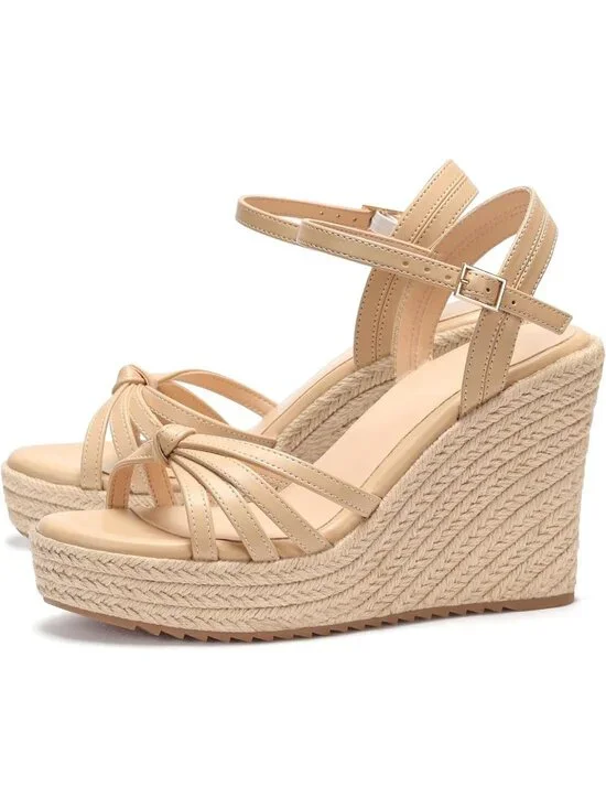 Women's Apricot PU Platform Espadrille Wedge Sandals Open Toe Ankle Strap Heels