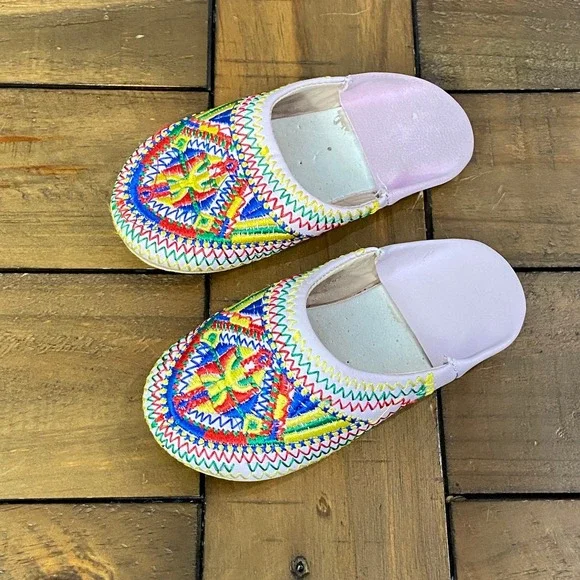 Vintage Kids Moroccan Babouche Slippers Pink Leather Embroidered Shoes 6