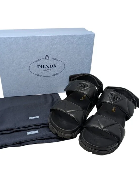 Prada Black Matelasse Quilted Leather Lug Sole Sport Sandals Size EU 38