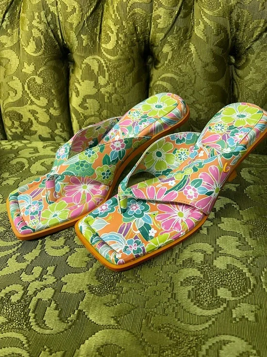 Circus Sam Edelman Womens 7.5 Orange Floral Square Toe Heeled Sandals