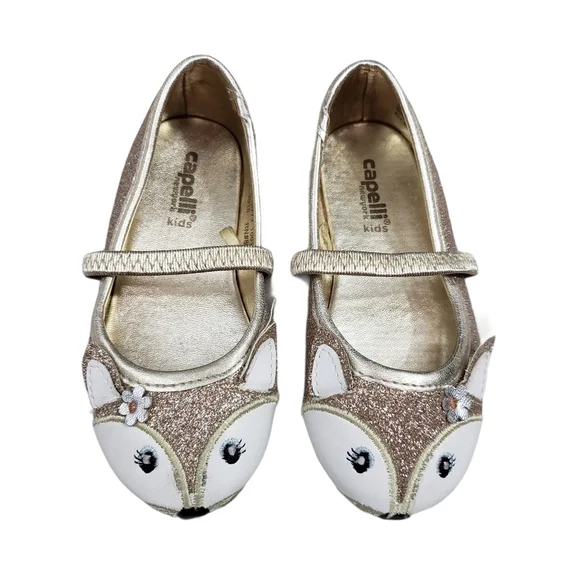 Capelli New York Kids Girls Gold Glitter Fox Slip On Mary Jane Ballet Flat Shoes