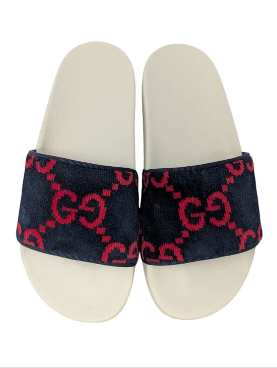 Gucci Navy/Red Monogram Terry Cloth Velvet Slide Sandals Size EU 38