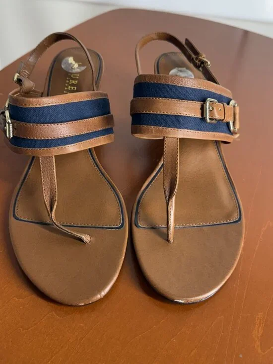 Lauren Ralph Lauren Stap Back Sandle With 2” Heel Navy & Brown Leather 9.5B
