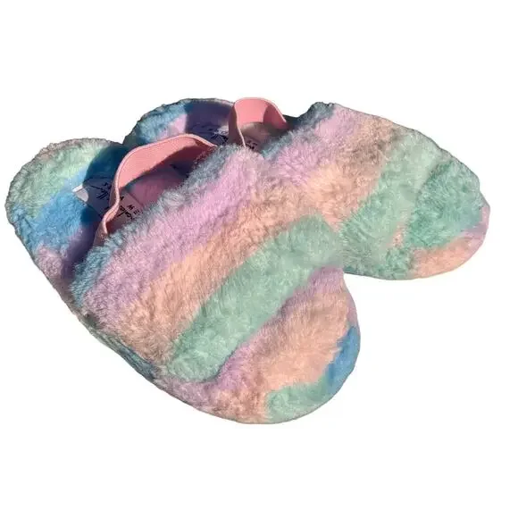 Nicole Miller Kids Sz: 7/8 Fuzzy Faux Fur Slippers Rainbow Tie Dye Spa Strap NEW
