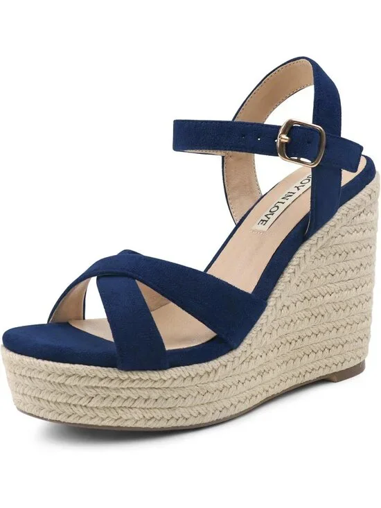 Women's Navy Blue Espadrille Wedge Sandals Platform Ankle Strap Open Toe Heels