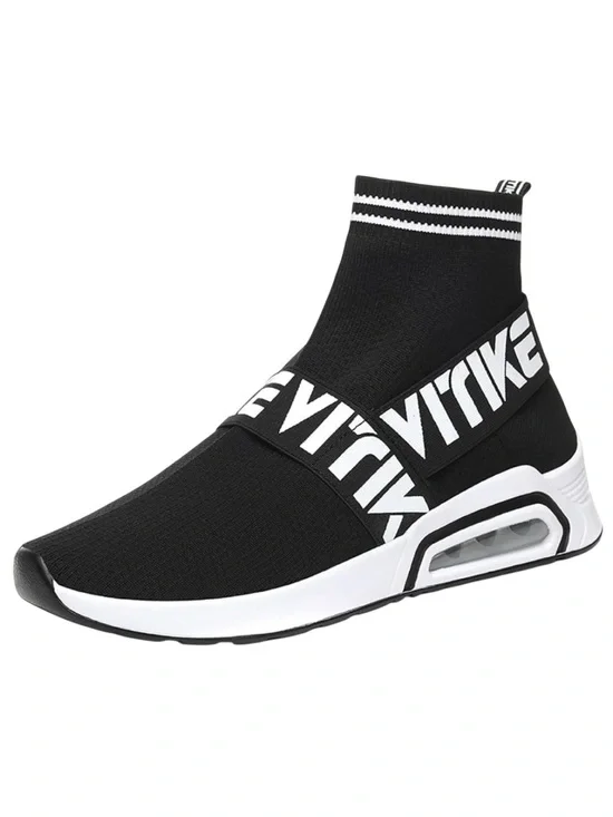Black Knit High-Top Slip-On Sneakers with Contrast Strap