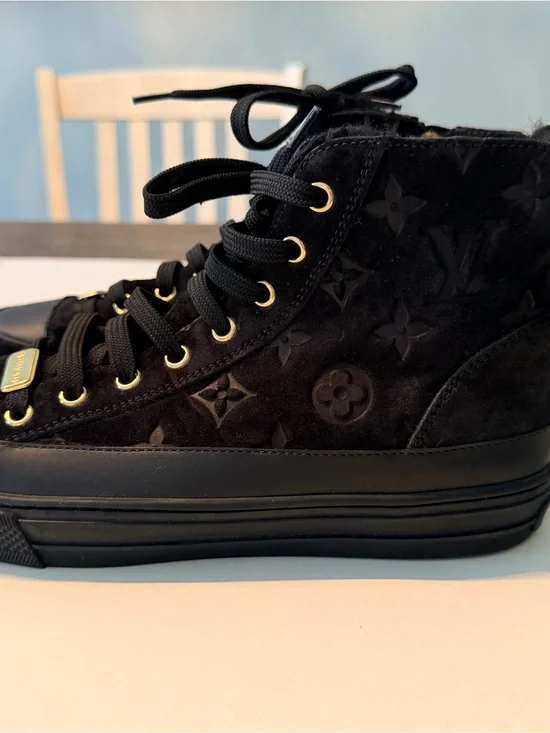 Black Suede Monogram Louis Vuitton High-Top Sneakers with Fur Inside