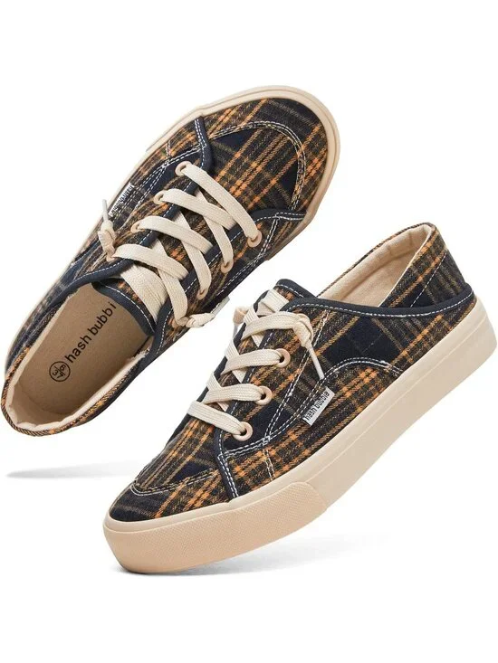 Women's Plaid Navy Blue Round Toe Solid Non Slip Slip on Loafer Sneaker Shoes
