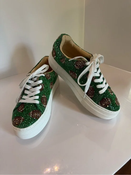 Betsey Johnson Green Crystal Football-Print Platform Sneakers