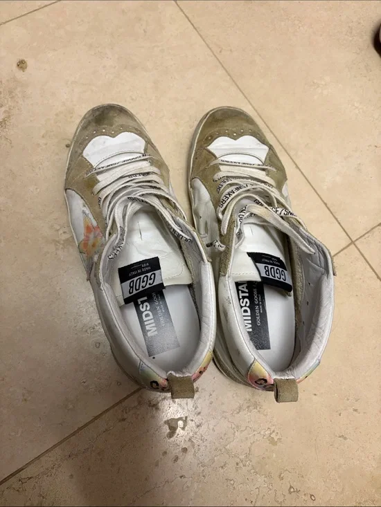 Golden Goose Midstar White and Olive Suede Floral Accent Sneakers