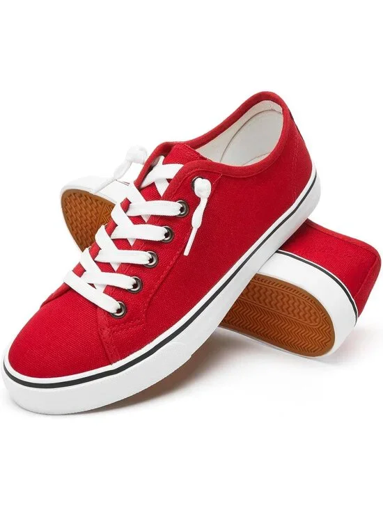 Women's Red Low Top Lace Up Canvas Solid Slip On Casual Loafer Sneaker Shoes