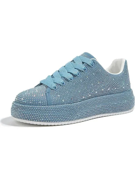 🆕Women's Blue Sparkly Glitter Bling Tennis Rhinestone Platform Sneakers