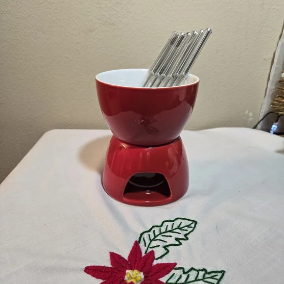 Crate And Barrel Red Porcelain Fondue Set