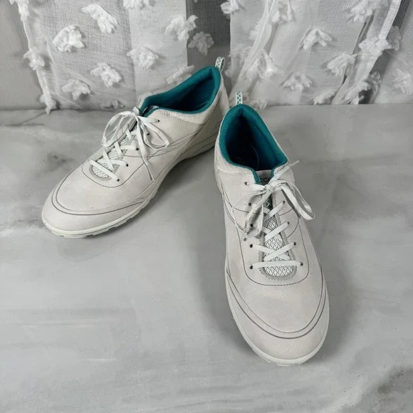 Ecco Leather Sneakers Off-White Teal Lace Up Comfort Casual EU 42 US 11/11.5‎