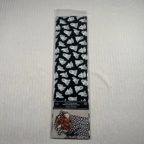Ashland Halloween Ghost Floral Wrapping Paper Lot of 8 Black White 22.8x22.8