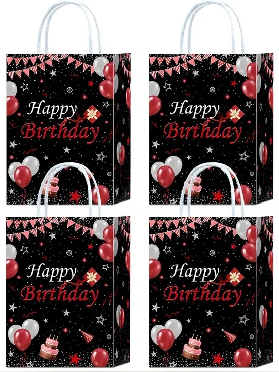 Happy Birthday Gift Bags - Black with Red & Silver Balloons