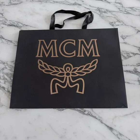MCM Large Black Paper Shopping Bag Gold Logo Ribbon Handles 20.5x16x8