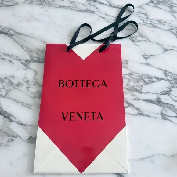Bottega Veneta Red White Heart Glossy Shopping Gift Bag Ribbon Handles 19