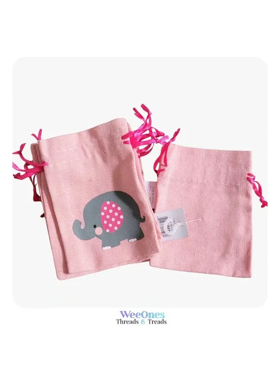 Set of 12 Elephant Drawstring Baby Shower Favor Bags Pink & White Fabric NwoT