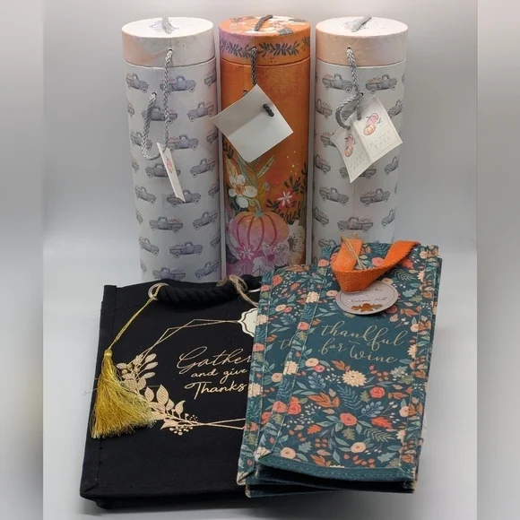 Set Of 6 Fall Themed Wine Gift Bags & Boxes