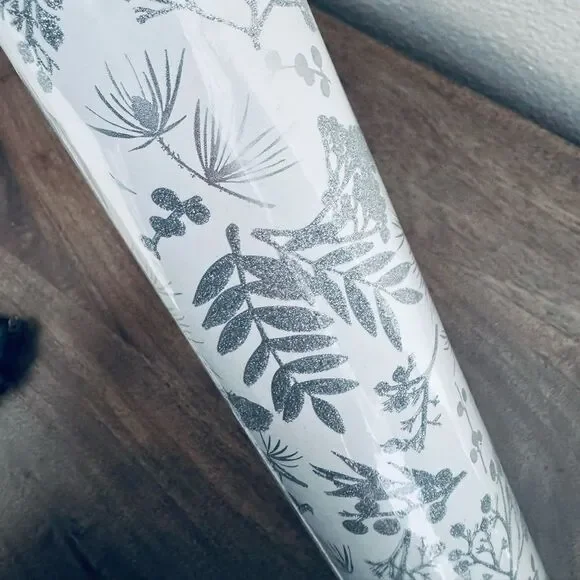 Christmas Holiday Silver Glitter Botanical Gift Wrap Wrapping Paper Roll