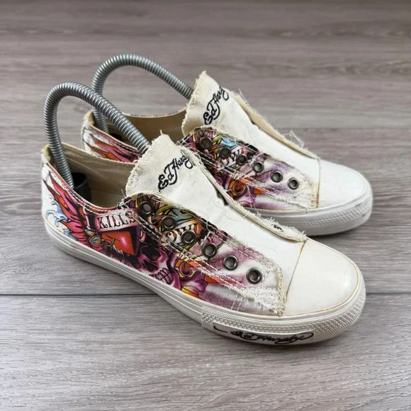 Ed Hardy Women Sneaker Slip On Tattoo Graphic Skull Peace White Multi Size 7