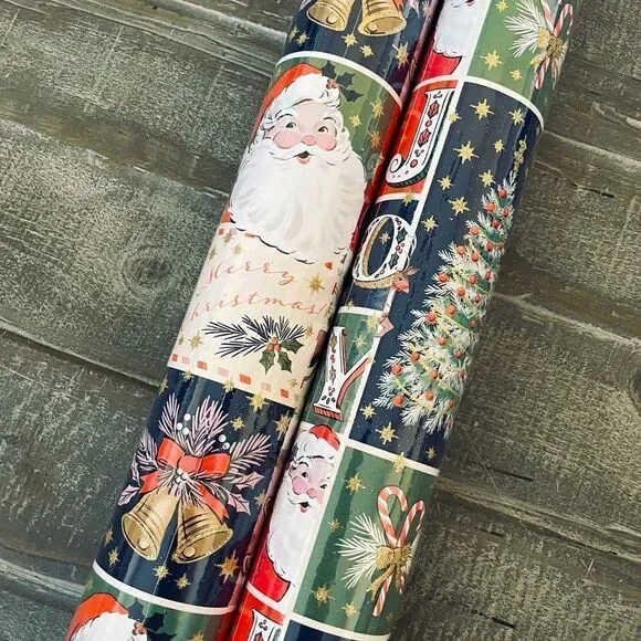 Vintage Patchwork Nostalgic Santa Joy Wrapping Paper Gift Wrap Roll