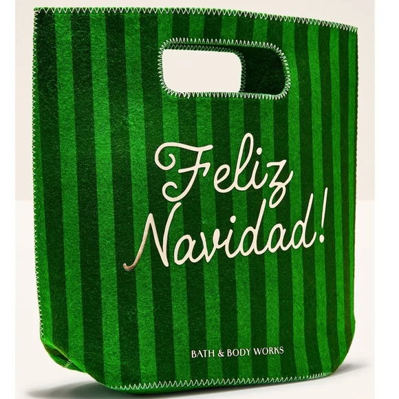 Bath Body Works Feliz Navidad Christmas Festive Green Striped Small Gift Bag NEW