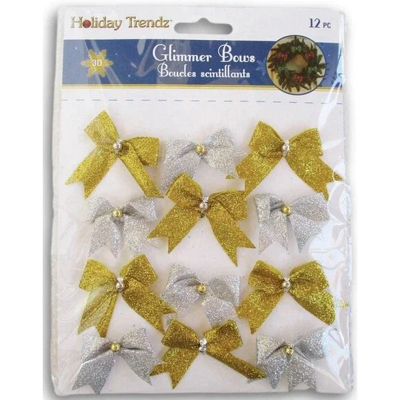 Gold and Silver Glitter Miniature Decorative Tie-On Christmas Bows - 12 Count