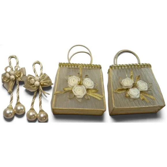 Vintage Style Cream Gold Rose Organza Gift Bags & Pearl Tassel Set 4pc Wedding
