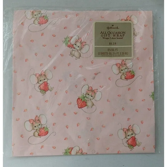 Vintage Hallmark Gift Wrap Paper Baby Shower Strawberry Mouse Pink Mice USA
