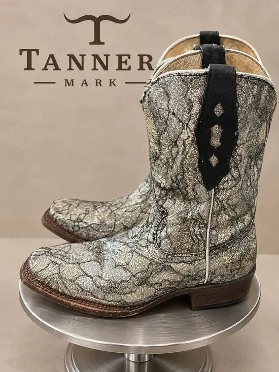 Tanner Mark Kids Youth 4 Metallic Lace Western Cowboy Boots Silver Black