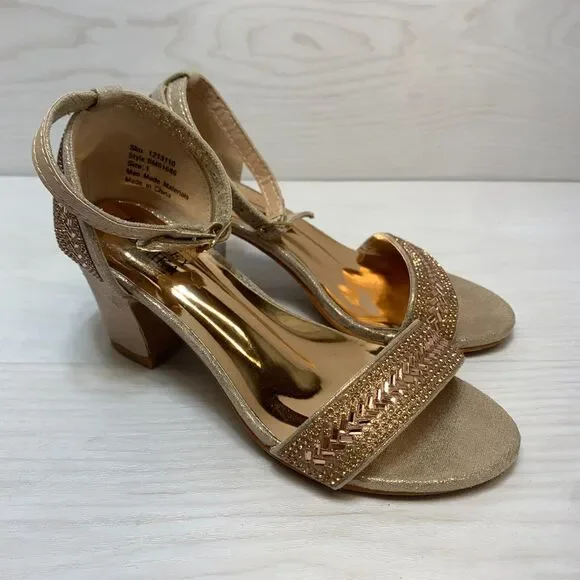 Badgley‎ Mischka Block Heel Sandals Girls Size 1 Gold Rhinestone Ankle Strap