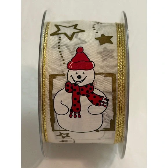 FOWOID Decoration Snowman Wired Christmas Ribbon Gold Metallic Edge Ivory 2.5in