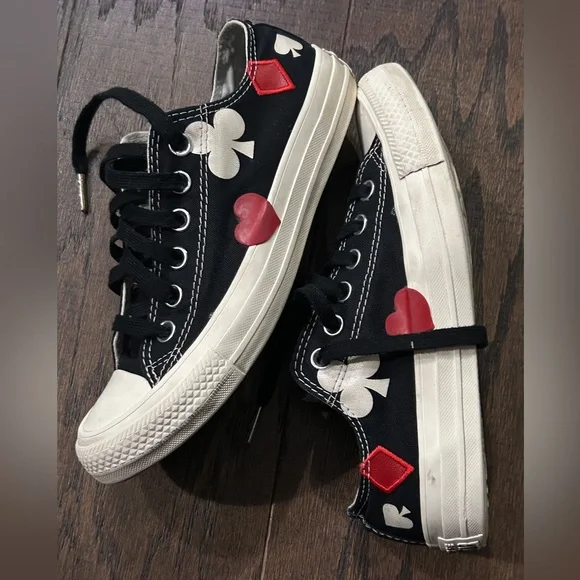 Converse Black Canvas Sneakers with Red and White Card Suits