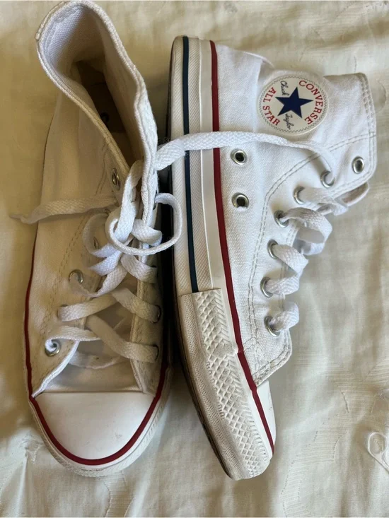 Converse White High Top Sneakers with Red and Blue Stripes