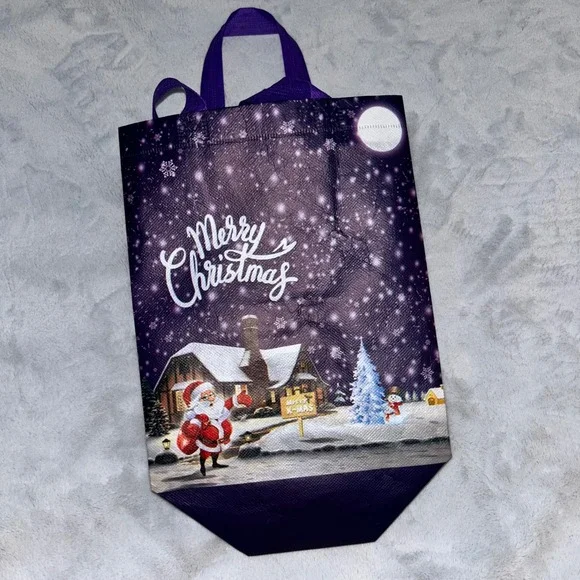 Purple Merry Christmas Reusable Gift Bag Santa Claus Winter‎ Scene Tote