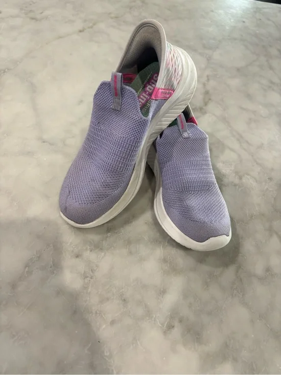 Skechers Slip-On Knit Walking Shoes - Light Purple with White Soles