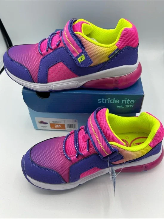 Stride Rite Girls Purple Pink Neon Yellow light up Sneakers 2 M width