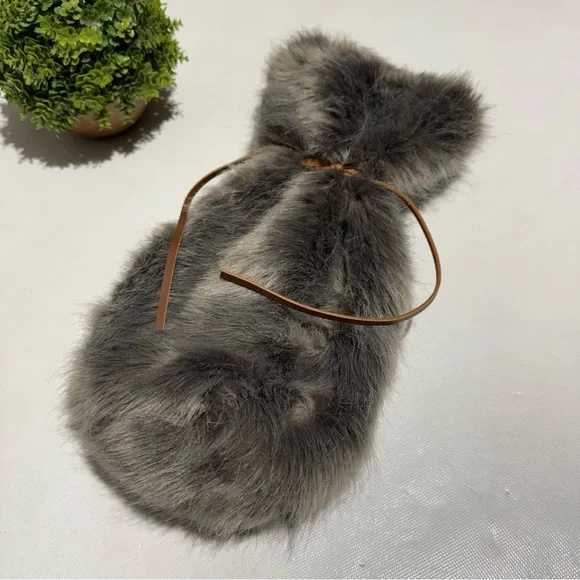 Restoration Hardware‎ Gray Faux Fur Bag Leather Tie Winter Fall Christmas Gift