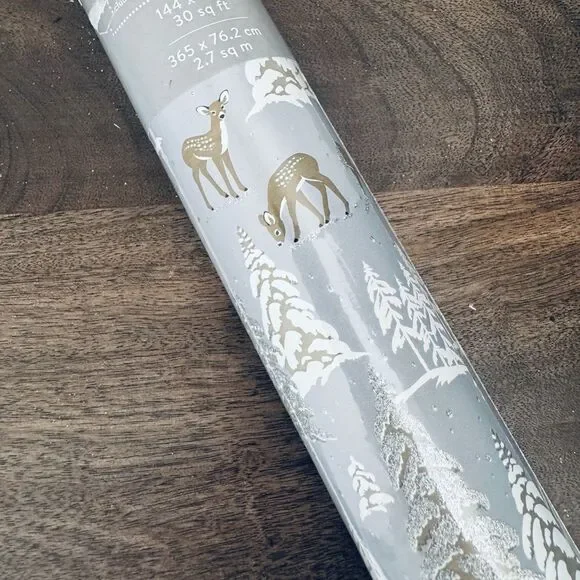 Christmas Deer Glitter Forest Trees Holiday Wrapping Paper Roll Gift Wrap
